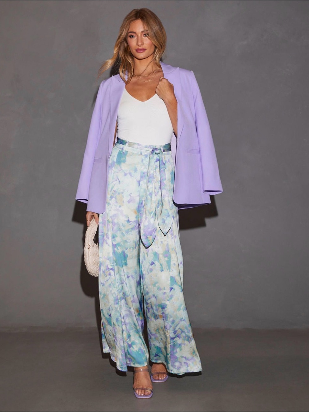 Lavender Watercolor Wide-Leg Pants with Tie Waist